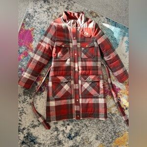 Pendleton Portland Collection 100 Wool Coat Red Brown Cream Plaid Made in USA S